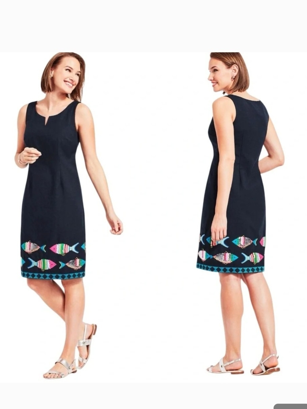 Talbots Navy Sleeveless Shift Dress with Colorful Fish Border